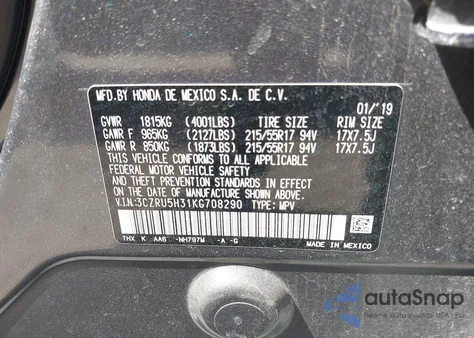 2019 Honda Hr-V Lx z USA, uszkodzony, nr VIN 3CZRU5H31KG708290